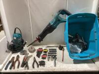 SHOP TOTE W/ MAKITA TOOLS, ALLEY KEYS, DRILL BITS, PILERS & MISCELLANEOUS