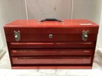 TOOL BOX W/ CONTENTS (WRENCHES, PILERS, SCREWDRIVER & MISCELLANEOUS)