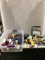 SHOP TOTE W/ JIGSAW, WORK LIGHT, STAPLWE, DRILL & MISCELLANEOUS