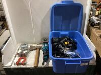 SHOP TOTE W/ MAKITA GRINDER, AXE, SNATCH BLOCK, STRAPS & MISCELLANEOUS