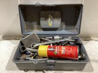 TOOL BOX W/ WRENCHES, SOCKETS, SCREWDRIVER & MISCELLANEOUS