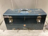 BEACH TOOL BOX W/ MISCELLANEOUS CONTENTS (AIR FILTER, GAS CAN?)