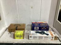 SHOP BOX OF AUTOMATIC JACK FOOT W/ CORDLESS MULTI PURPOSE SAW, HONDA PART AND GREASE GUN