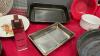 BOX OF ASSORTED KITCHENWARE - ROAST PAN, PIE PLATES, SHREDDER, ETC. - 7