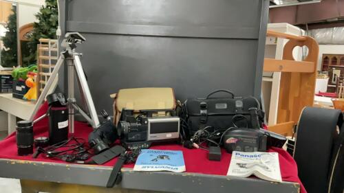 VELBON TRIPOD, TAMRON PENTAX CAMERA LENS, PANASONIC PALM CORDER AND A SYLVANIA VIDEO CAMERA