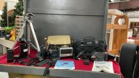 VELBON TRIPOD, TAMRON PENTAX CAMERA LENS, PANASONIC PALM CORDER AND A SYLVANIA VIDEO CAMERA