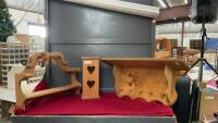 (3) WOOD DECOR PIECES - (2) WALL SHELVES: 1 W/ HOOKS, AND A SMALL WOODEN CABINET W/ HEART CUTOUTS