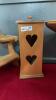 (3) WOOD DECOR PIECES - (2) WALL SHELVES: 1 W/ HOOKS, AND A SMALL WOODEN CABINET W/ HEART CUTOUTS - 3