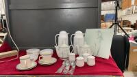 SHADOW IRIS PORCELAIN TEA POTS, (2) CARAFES, (4) S+P SHAKERS, GLASS CUTTING BOARD, ASSORTED BOWLS, (2) CUPS AND SAUCERS, AND SPOONS