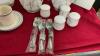 SHADOW IRIS PORCELAIN TEA POTS, (2) CARAFES, (4) S+P SHAKERS, GLASS CUTTING BOARD, ASSORTED BOWLS, (2) CUPS AND SAUCERS, AND SPOONS - 3