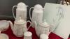 SHADOW IRIS PORCELAIN TEA POTS, (2) CARAFES, (4) S+P SHAKERS, GLASS CUTTING BOARD, ASSORTED BOWLS, (2) CUPS AND SAUCERS, AND SPOONS - 4