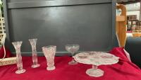 CRYSTAL CAKE PLATE, (2) CRYSTAL PINWHEEL BUD VASES AND (1) PIN WHEEL CRYSTAL VASE