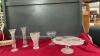 CRYSTAL CAKE PLATE, (2) CRYSTAL PINWHEEL BUD VASES AND (1) PIN WHEEL CRYSTAL VASE
