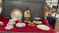 BOX OF ASSORTED HOUSEHOLD - TEA CUPS AND SAUCERS, PLASTIC FRAMED MIRROR, METAL PLATTER, AND (2) DESSERT SERVERS - ONE WITHOUT A STAND