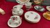 BOX OF ASSORTED HOUSEHOLD - TEA CUPS AND SAUCERS, PLASTIC FRAMED MIRROR, METAL PLATTER, AND (2) DESSERT SERVERS - ONE WITHOUT A STAND - 2
