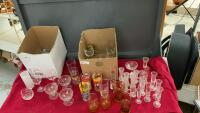 (2) BOXES OF MISC. DRINKING GLASSES - WINE, NORMAL DRINKING, TEQUILLA METER, DESSERT BOWLS, ETC.