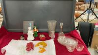 VINTAGE LUNCHEON SET, VASE, FIGURINES, SMALL DECANTER, AND ACRYLIC WALL ORNAMENTS