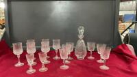 BOX W/ ASSORTED CRYSTAL DRINKING GLASSES, PINWHEEL CRYSTAL SET WITH DECANTER