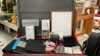 BOX OF ASSORTED OFFICE SUPPLIES W/ A WHITEBOARD - BINDERS, PLASTIC ORGANIZERS, HOLE PUNCHER, MINI GARBAGE CAN ETC.
