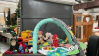 BABY TOYS - PLAY MAT W/ ACTIVITY CENTER, PIANO, ELEPHANT RATTLE, FISHER PRICE TOY, ELMO, GIRAFFE RATTLE, BUBBLE MAKER, XYLOPHONE TOY, RATTLES, CARS AND TRUCKS