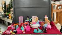 BOX OF BARBIES W/ BARBIE FURNITURE