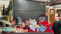 BOX OF ASSORTED TOYS - MONSTER HIGH BACKPACK, PLUSH ELSA DOLL, MEDIUM SIZED BABY DOLLS, TOY CASTLE SET, ACTIVITY BOOKS, SMALL DOLLS, SMALL BACKPACKS AND POUCHES