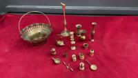 COLLECTION OF MINI BRASS PIECES W/ A MINI BRASS BASKET AND A SOLID BRASS VASE W/ A CRYSTAL ACCENT