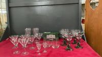 BOX W/ ASSORTED DRINKING GLASSES - MARTINI, WINE, AND MARGARITA + A CARD SHUFFLER