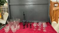 COCKTAIL GLASSES, BLUE DECANTER W/ MATCHING GLASSES & PUNCH BOWL SET