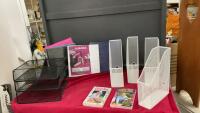 METAL ORGANIZERS, ASSORTED BINDERS, AND (2) BOOKS