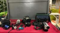 FILMING EQUPIMENT - SAMSUNG CAMCORDER W/ BATTERY CHARGER AND MANUAL, CANON POWERSHOT S51S DIGITAL CAMERA ETC.