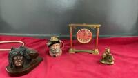 BRASS BENCHMARK CLOCK, BRASS MOUSE, ROYAL DALTON FIGUREHEAD LIGHTER, NATIVE CERAMIC ARTWORK