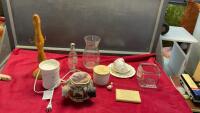 BOX OF ASSORTED DECOR - WAX MELTER, EARTH ANGEL CHRISTMAS COOKIE SCENTED, ROYAL ALBERT TRANQUILITY TEA AND LUNCH SET, ETC.