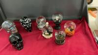 (5) GOTHIC STYLE SNOWGLOBES AND (3) SKULLS - (1) IS CERAMIC AND (2) GLASS