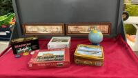 BOX OF ASSORTED ITEMS - PUZZLES, GLOBE PIGGY BANK, (2) HIS AND HERS PICTURES, &ldquo;TEXAS HOLD EM&rdquo; POKER SET