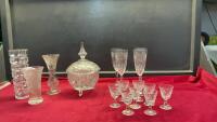 CRYSTAL PIECES - SET OF (4) PINWHEEL WINE GLASSES AND (8) PINWHEEL MINI LIQUOR GLASSES, (3) VASES, COVERED PINWHEEL CANDY DISH