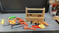 WOOD TOOL BOX W/PLASTIC TOOLS