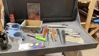BOX W/SMALL LANTERN , JERRY CAN SPOUTS, (3)KNIVES, MUDDING TOOLS, LIGHTER