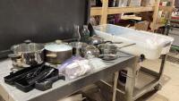 ROLLING TOTE W/ELECTRIC KNIFE, POTS, HAND MIXER, 2 MILK BOTTLES