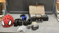 BOX W/ - CASSETTES, HEARING PROTECTORS, SPIDER-MAN HELMET(S)