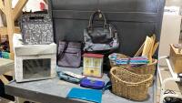 (2) CONTAINERS - BASKETS W/ HANGERS, PURSES, WALLETS, JEWELRY BOX
