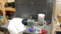 BOX W/COFFEE MAKER, GO CUP, MIXER BOTTLES, JERKY GUN, MOISTURE PROOF, MATTRESS COVER