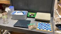 BOX OF ASSORTED ITEMS - PITCHER, MILK BOTTLE CAPS, CHESS BOARD, ELECTRIC KETTLE, JARS,