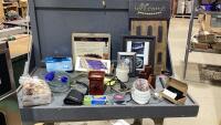 BOX W/DRINKING GAME, SCENTSY WARMER, FRAMED PICTURES, WELCOME SIGN
