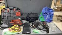 BLUE TOTE W/BBQ TOOLS, GARDEN STORAGE POUCH, SOLAR PANELS,