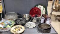 BLACK TOTE W/POTS, BAKING PANS, SIPPY CUPS, COLLECTOR PLATES
