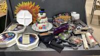 ORANGE TOTE W/STAR TREK COLLECTOR PLATES, MARBLE LAZY SUSAN, SNOW MAN COOKIE JAR,