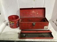 TOOL BOX W/ MISCELLANEOUS CONTENTS & PAIL OF MIXED SOCKETS (SAE & METRIC)