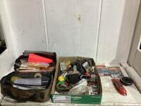 SHOP BOX OF MISCELLANEOUS W/ ROAD-SIDE EMERGENCY KIT, OXLMEX KEY LOCK & VEHICLE PARTS