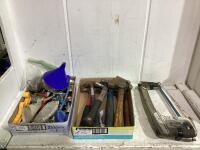 SHOP BOX OF MISCELLANEOUS W/ MIXED HACKSAWS & HAMMERS